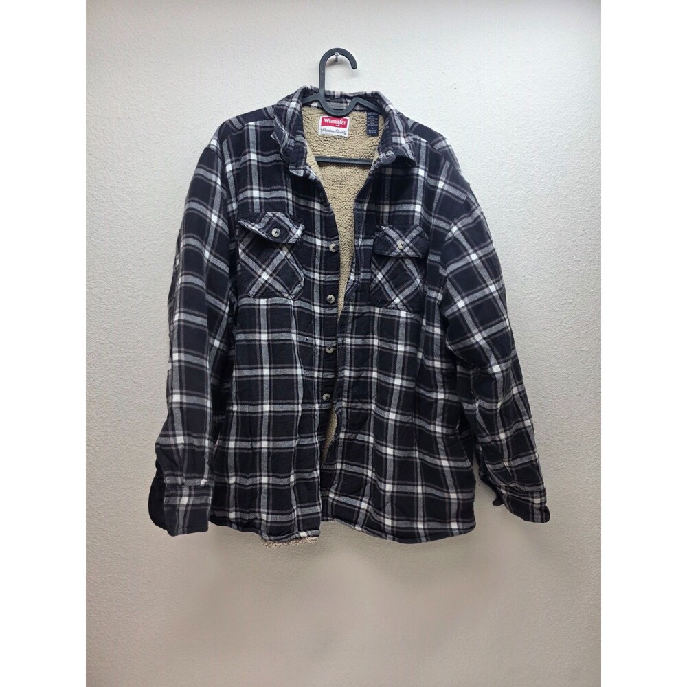 Wrangler Men's Large Flannel Lined Shirt Jacket Plaid Blue 100% Cotton